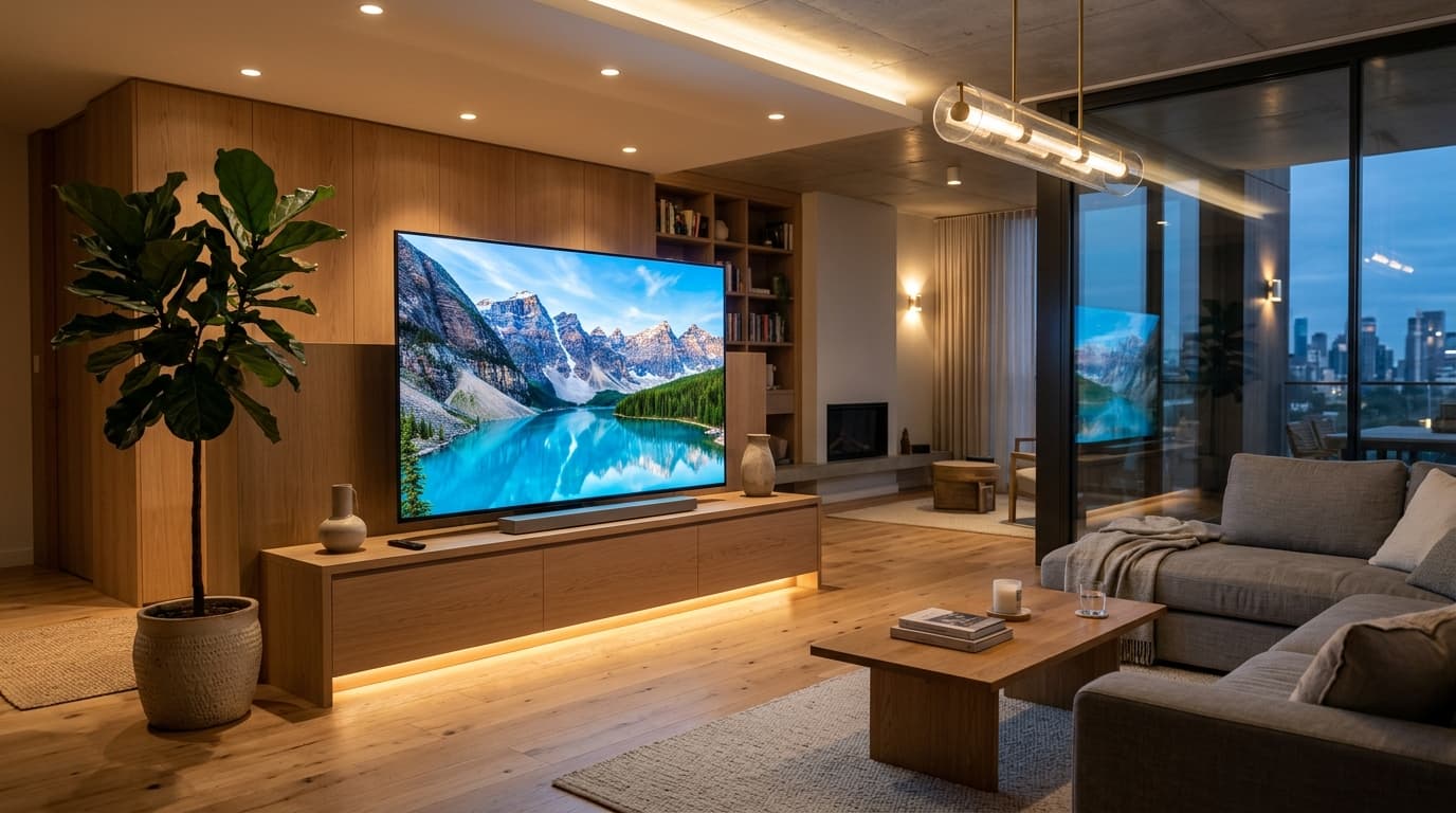 Large realistic LED TV displayed in a premium living room with mountain landscape